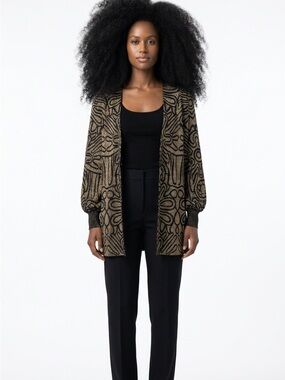 Ming Wang Metallic Black & Gold Open Front Cardigan